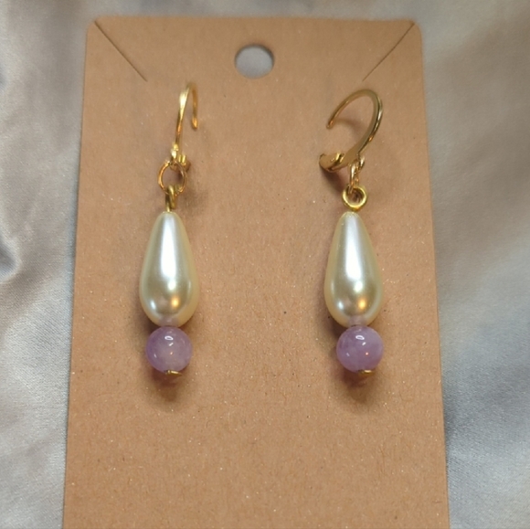 Handmade Jewelry - Hypoallergenic Gold and Pearl Teardrop Earrings with AAA Grade Amethyst Accent